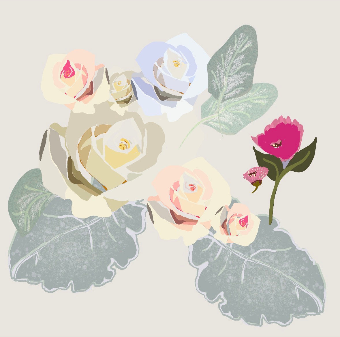 Collage of flowers and leaves on a light gray background Joan Davis