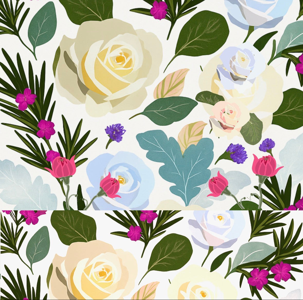 Pattern of flowers and leaves on a white background Joan Davis