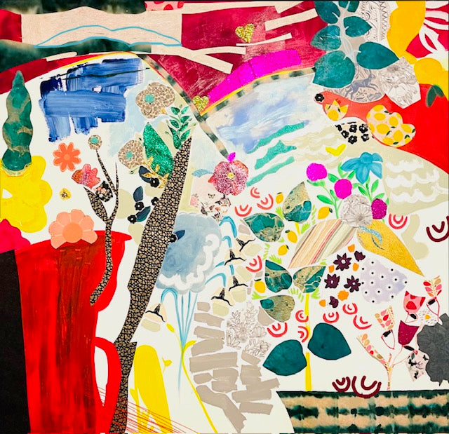 Mixed media abstract wall art featuring flowers, landscape, and bold colors Joan Davis