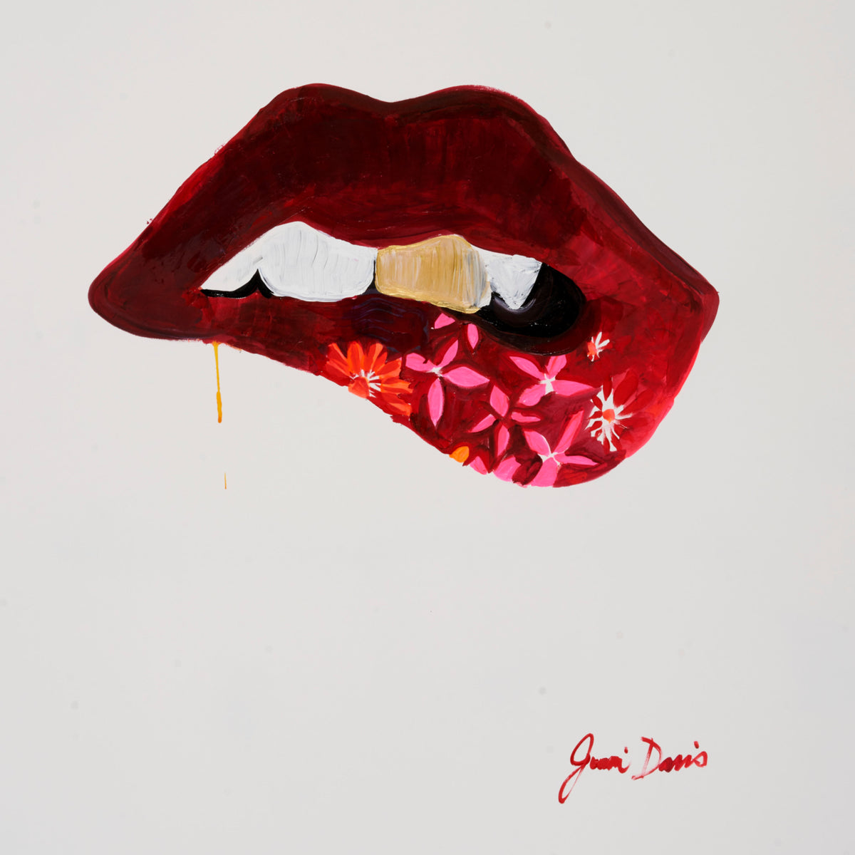 Artistic depiction of red lips with a floral interior on a light gray background, signed 'Joan Davis'.