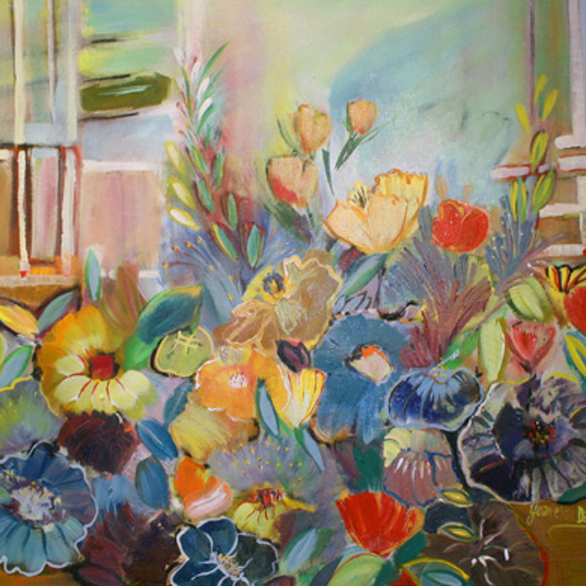 Colorful floral arrangement with a blurred indoor background Joan Davis