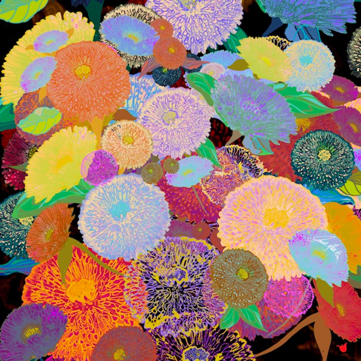 Colorful abstract floral design with vibrant colors on a black background